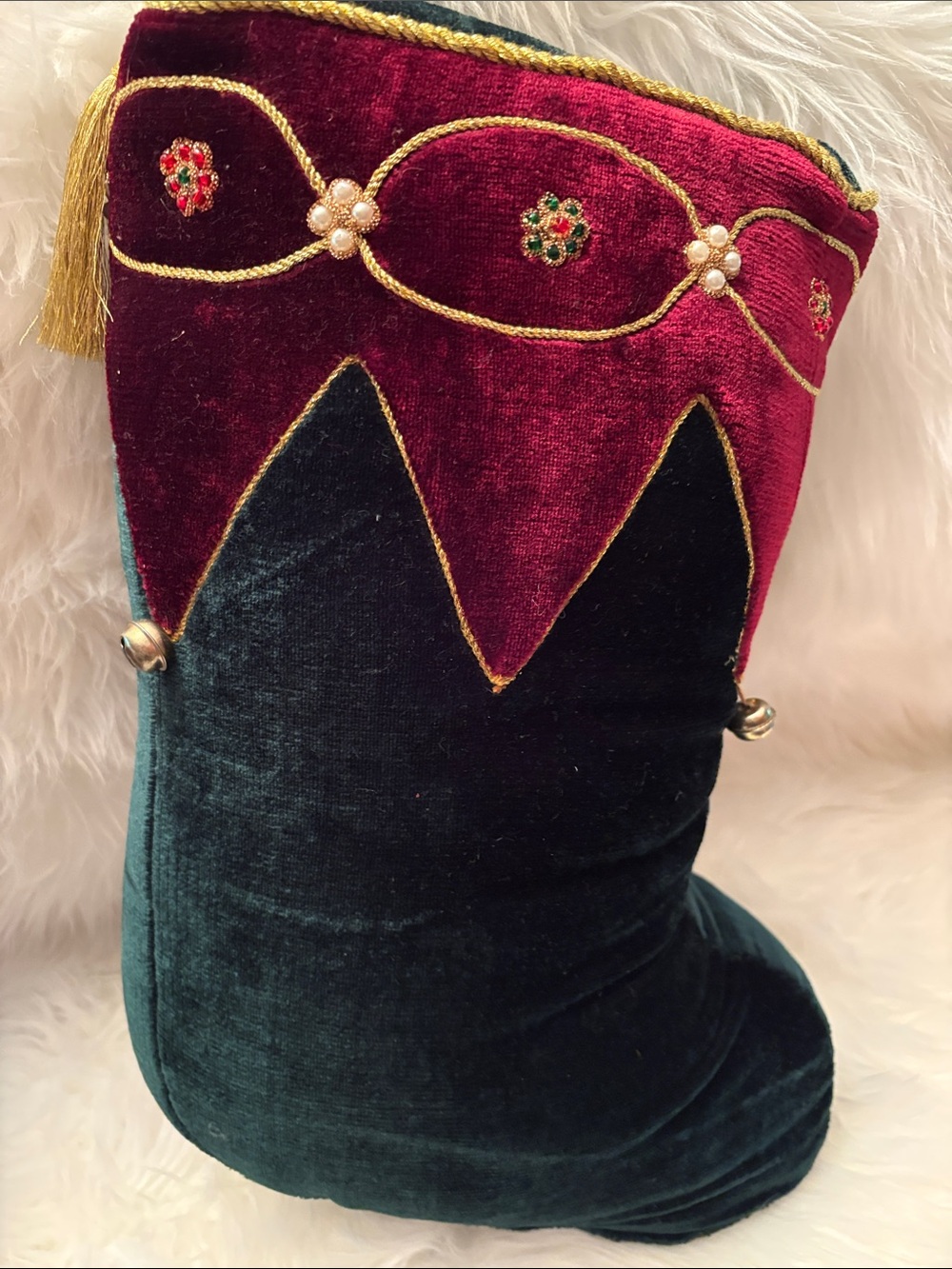 Festive Velvet Holiday Pillow Bootie in Emerald Green & Burgundy